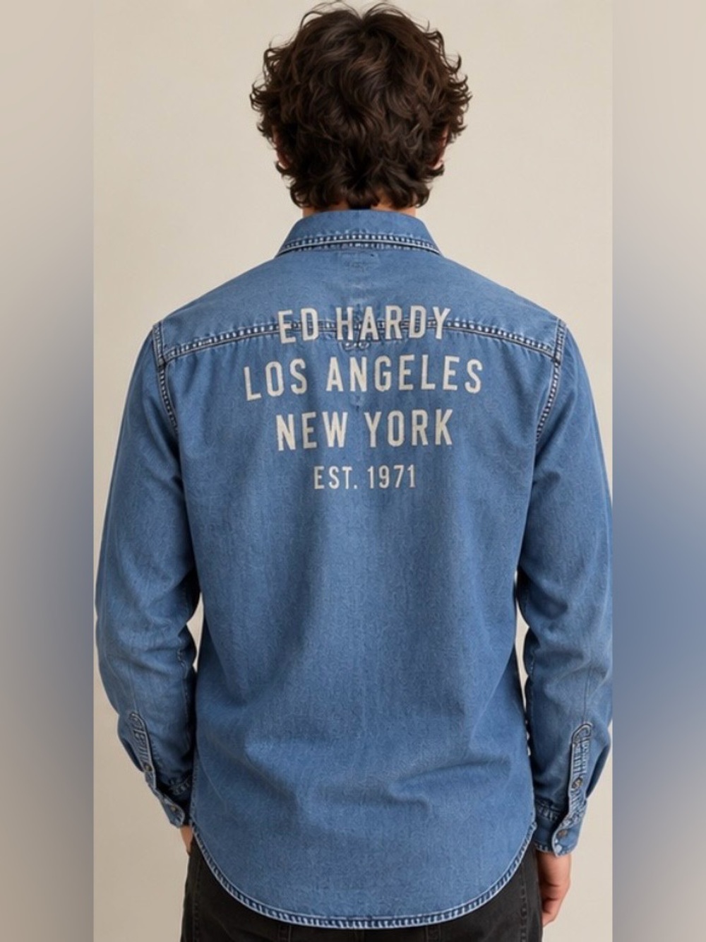 Ed Hardy Y2K Denim Shirt Men’s M Los Angeles New York Back Graphic Long Sleeve